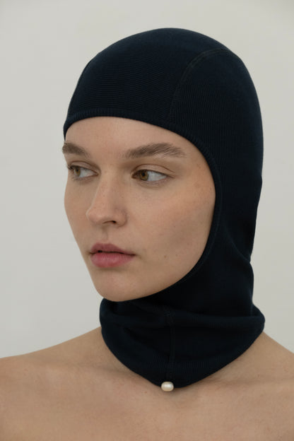 Lilith Balaclava in Organic Cotton with Natural Pearl in Ocean Blue LIMITED EDITION