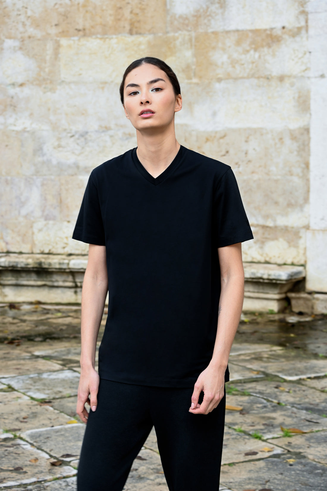 Tate V-Neck T-Shirt in Cotton PG in Black